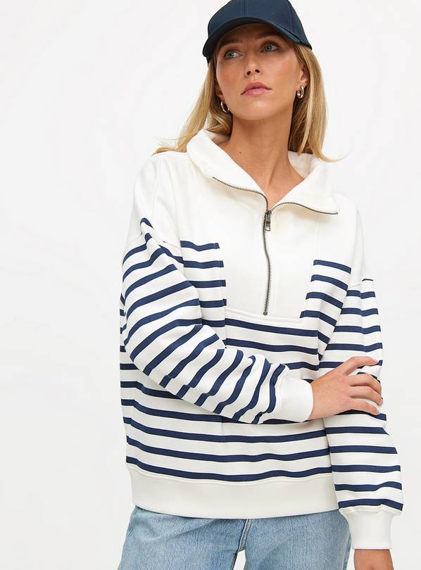 White & Navy Stripe Half Zip Sweatshirt L